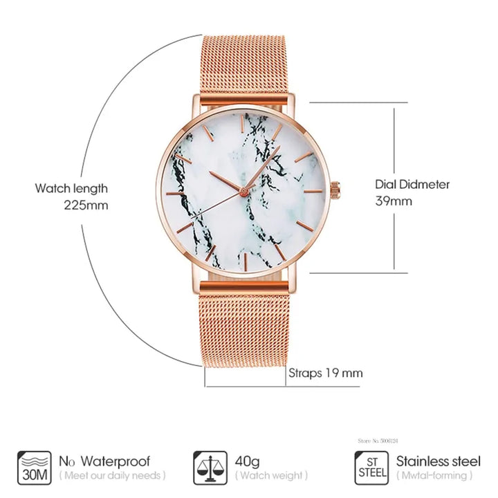 Rose Gold Mesh Band Marble Watch